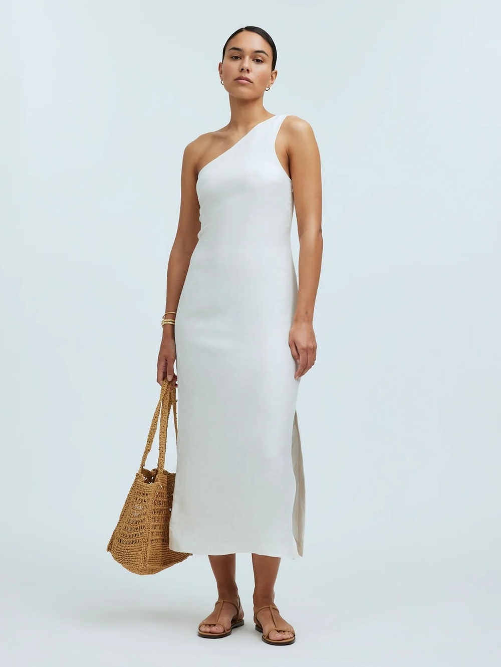NWT Madewell One-Shoulder Ivory/of White Midi Sleeveless Linen Blend Dress Sz 4